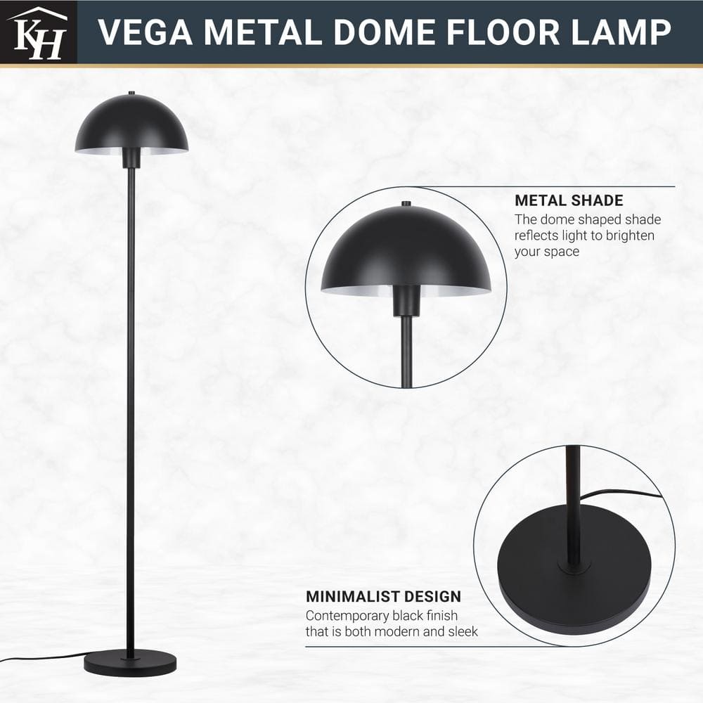 Vega 56 In. Black 1-Light Standard Floor Lamp With Metal Dome Shade