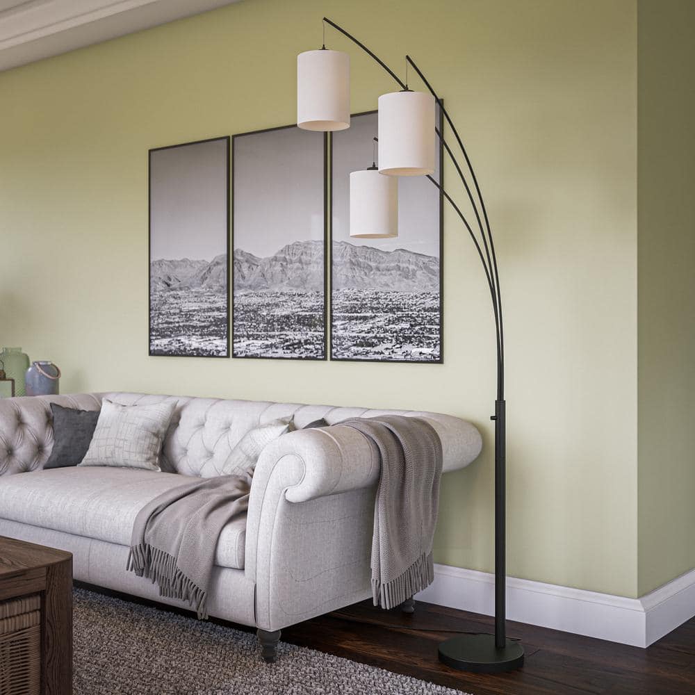 Leah 83.5 In. Black 3-Light Arc Floor Lamp With Linen Drum Shade