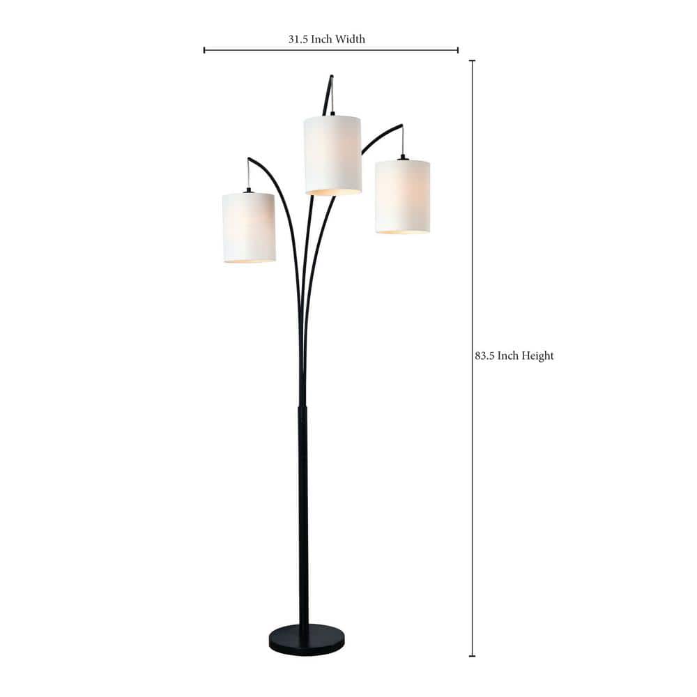 Leah 83.5 In. Black 3-Light Arc Floor Lamp With Linen Drum Shade