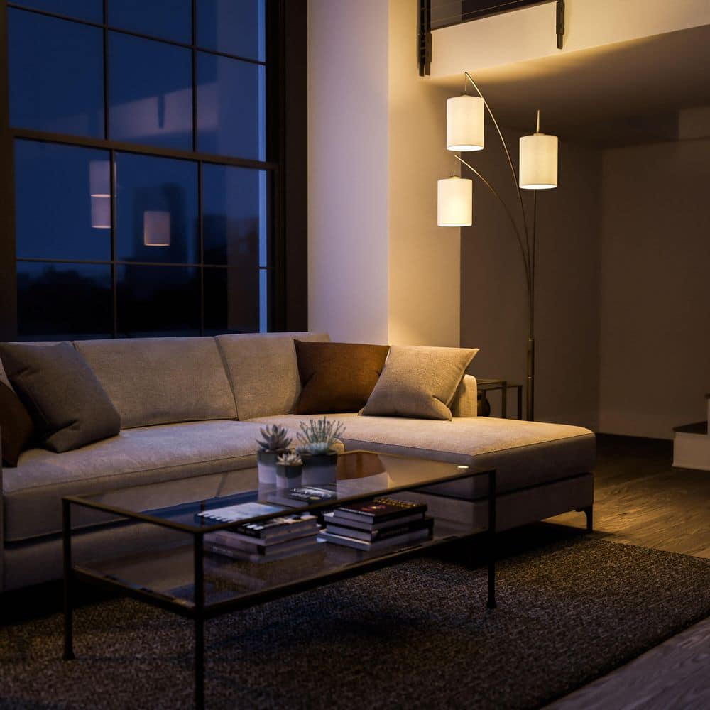 Leah 83.5 In. Black 3-Light Arc Floor Lamp With Linen Drum Shade