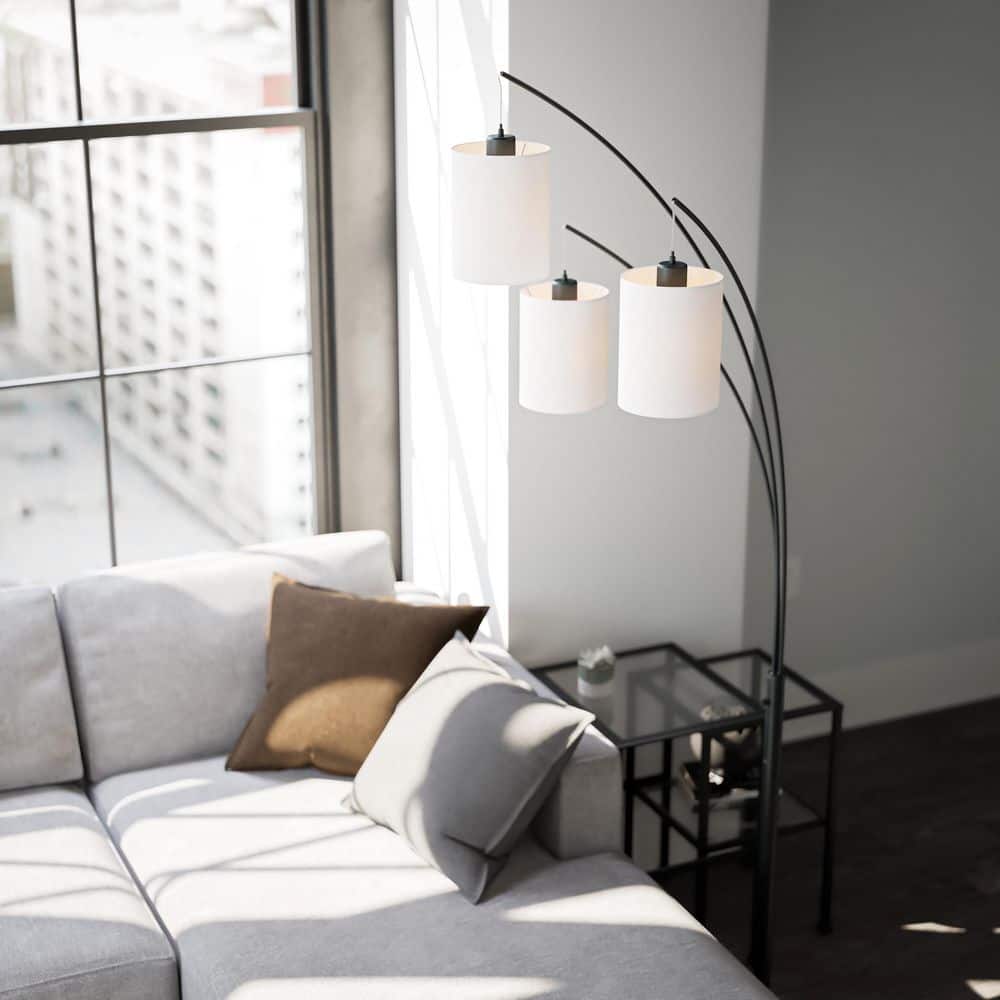 Leah 83.5 In. Black 3-Light Arc Floor Lamp With Linen Drum Shade