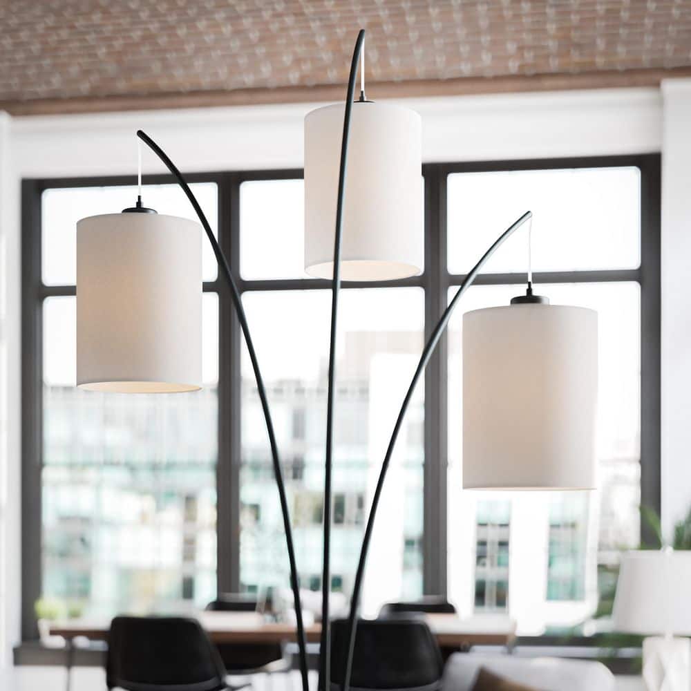 Leah 83.5 In. Black 3-Light Arc Floor Lamp With Linen Drum Shade