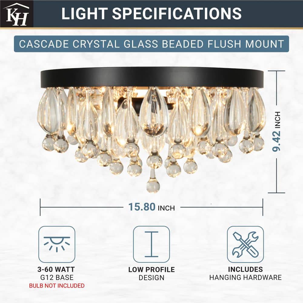 Cascade 13 In. 3-Light Black Flush Mount With Crystal Shade