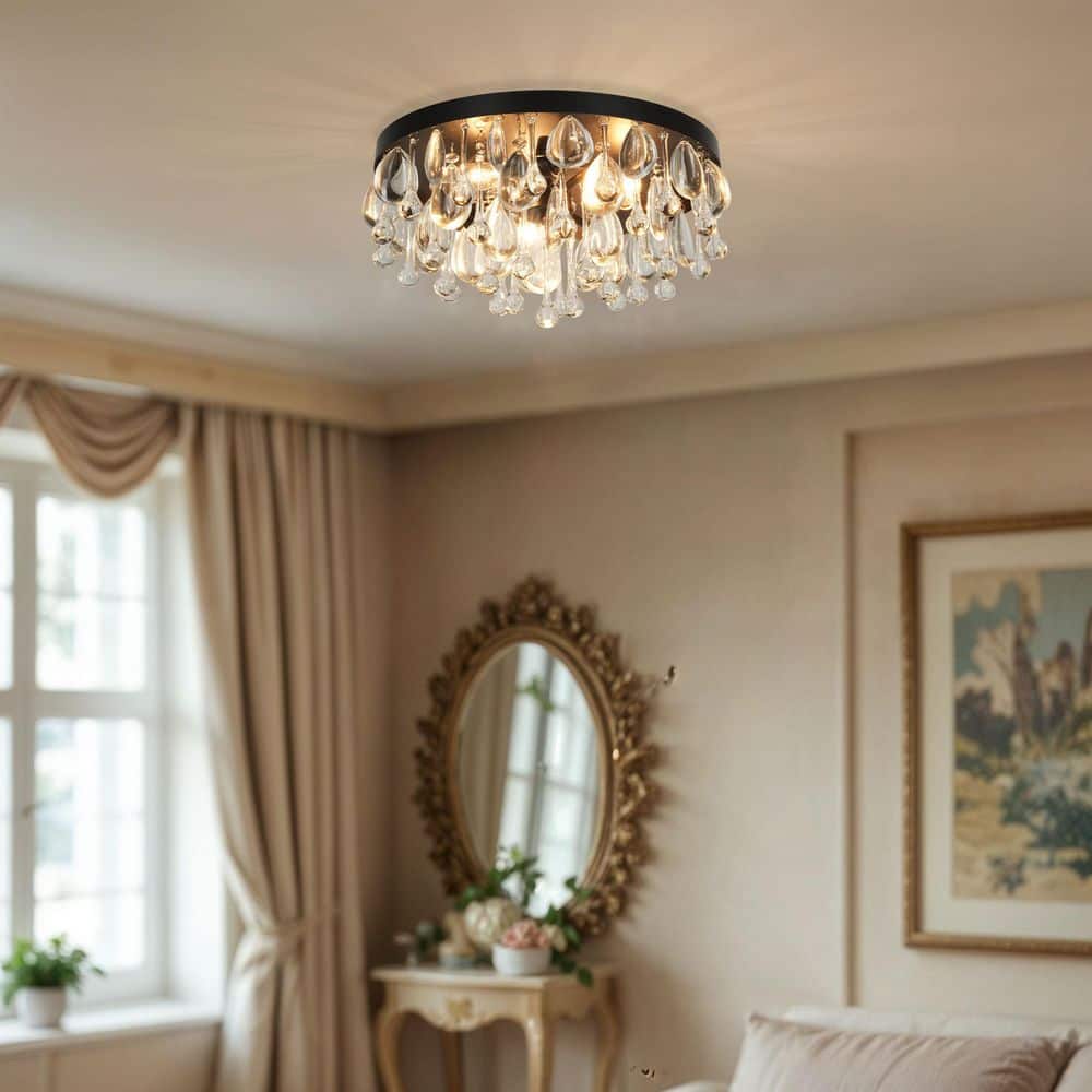 Cascade 13 In. 3-Light Black Flush Mount With Crystal Shade