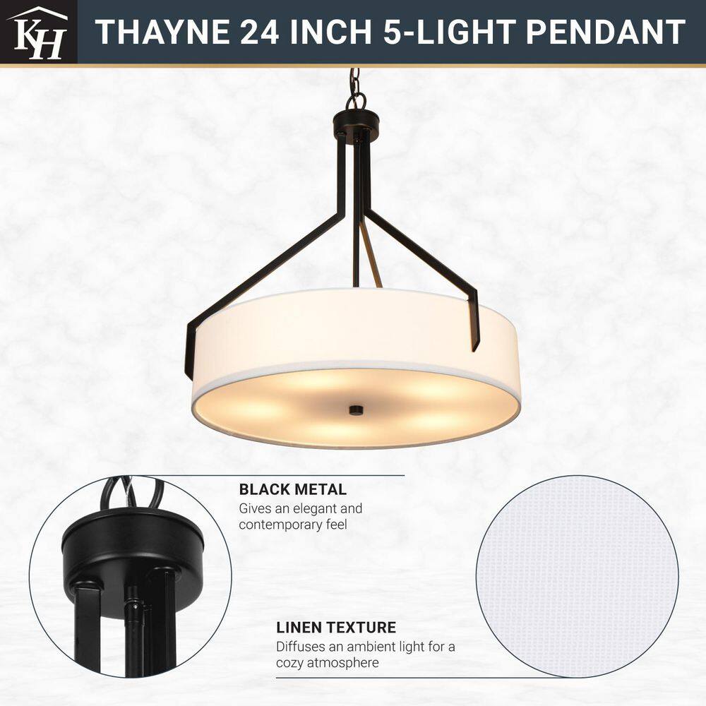 Thayne 300-Watt 5-Light Black Drum Pendant Light With Fabric Shade