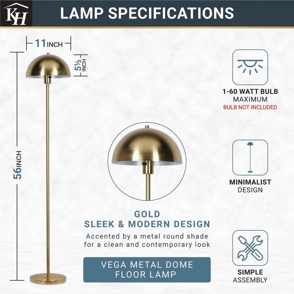 Vega 56 In. Brushed Gold 1-Light Standard Floor Lamp With Metal Dome Shade