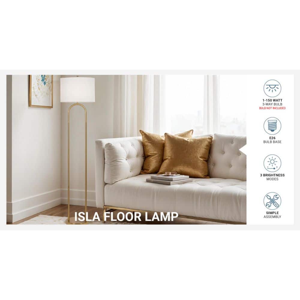 Isla 64 In. Brushed Gold 1-Light Standard Floor Lamp With Linen Drum Shade