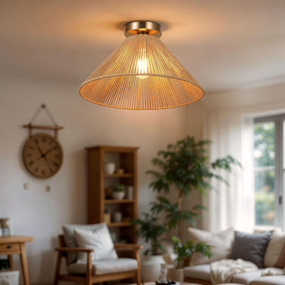 Twine 16 In. 1-Light Brushed Gold Semi-Flush Mount With Rattan Shade