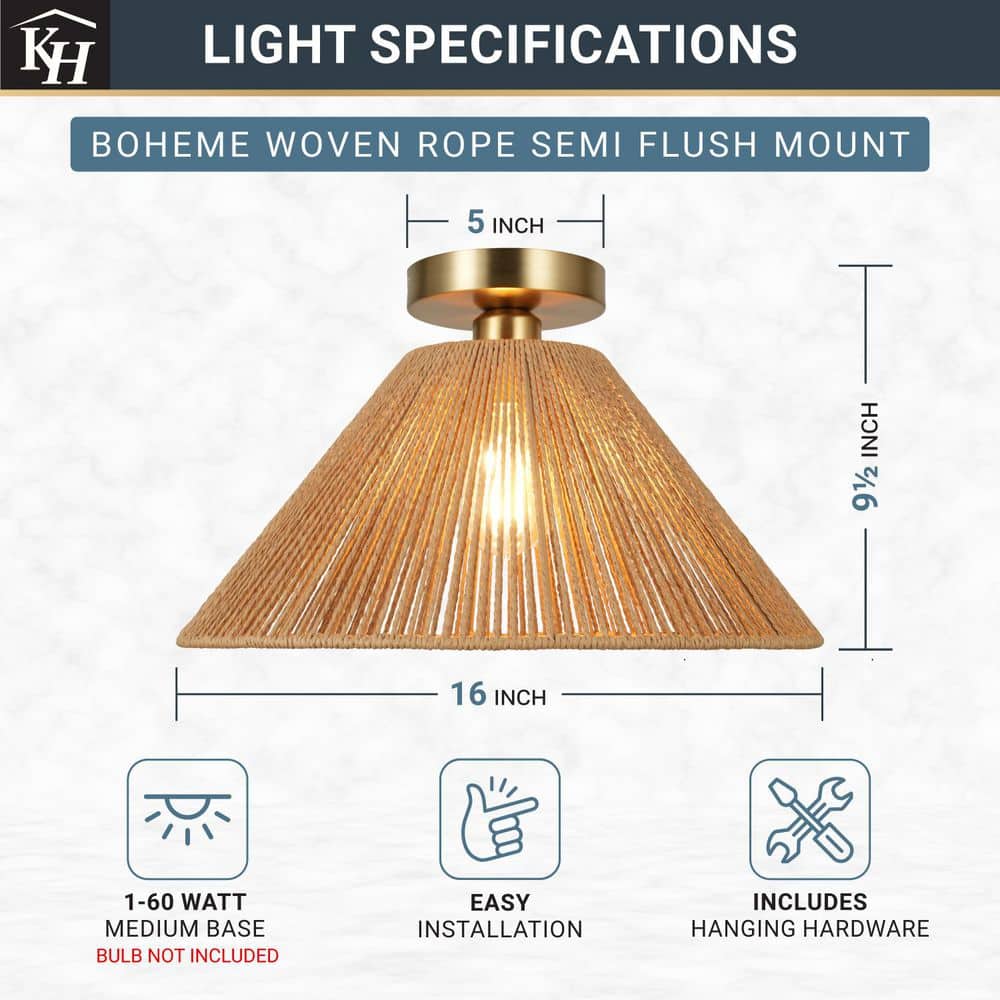 Twine 16 In. 1-Light Brushed Gold Semi-Flush Mount With Rattan Shade