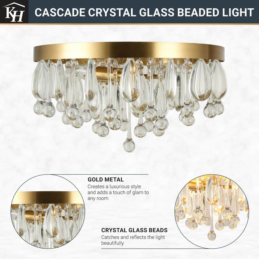 Cascade 13 In. 3-Light Brushed Gold Flush Mount With Crystal Shade