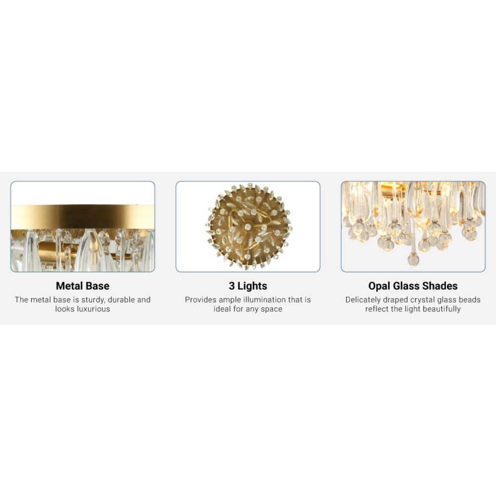 Cascade 13 In. 3-Light Brushed Gold Flush Mount With Crystal Shade