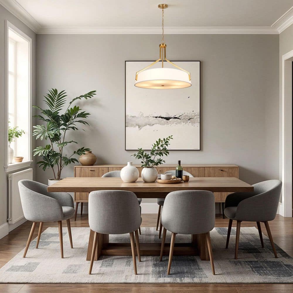Thayne 300-Watt 5-Light Brushed Gold Drum Pendant Light With Fabric Shade