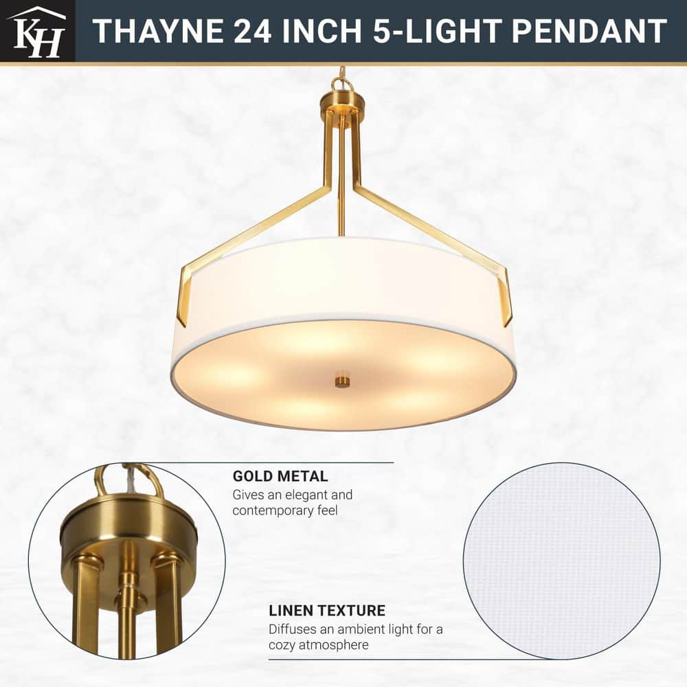 Thayne 300-Watt 5-Light Brushed Gold Drum Pendant Light With Fabric Shade