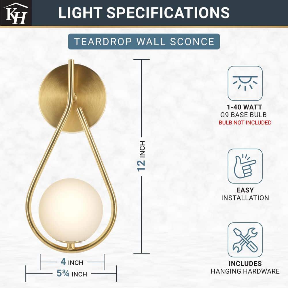 Teardrop 5 In. 1-Light Brushed Gold Wall Sconces With Globe Shade