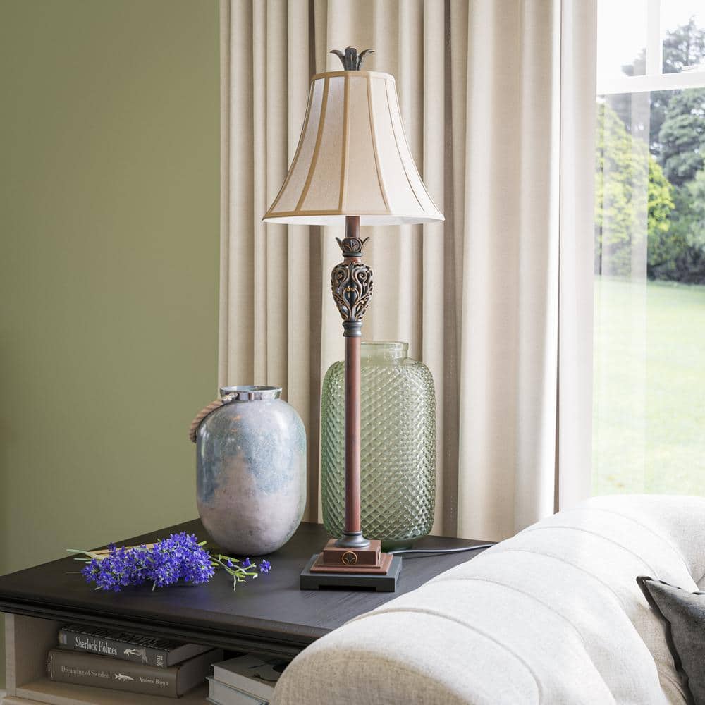 Iron Lace 32 In. Golden Ruby Bedside Table Lamp With White Linen Shade