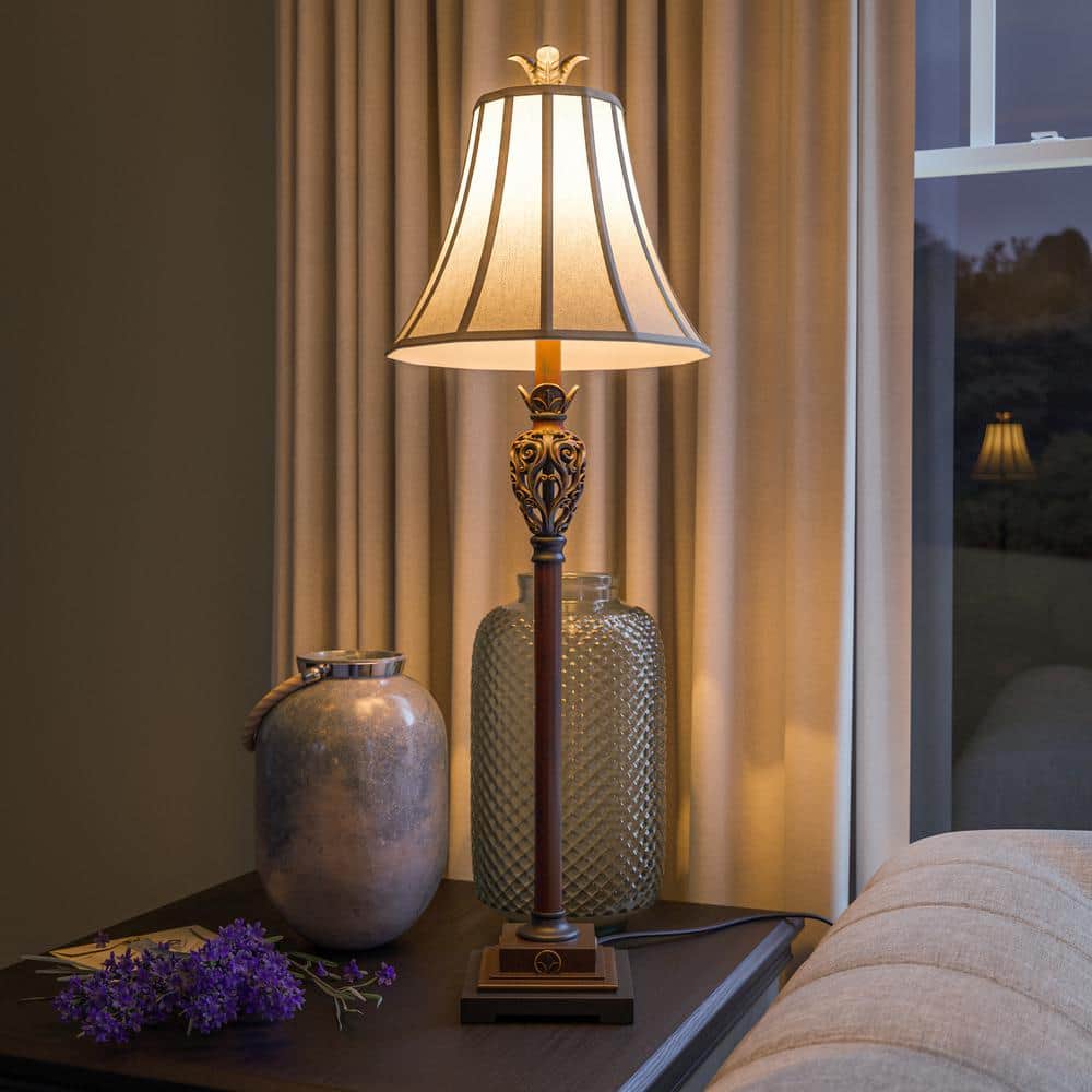 Iron Lace 32 In. Golden Ruby Bedside Table Lamp With White Linen Shade