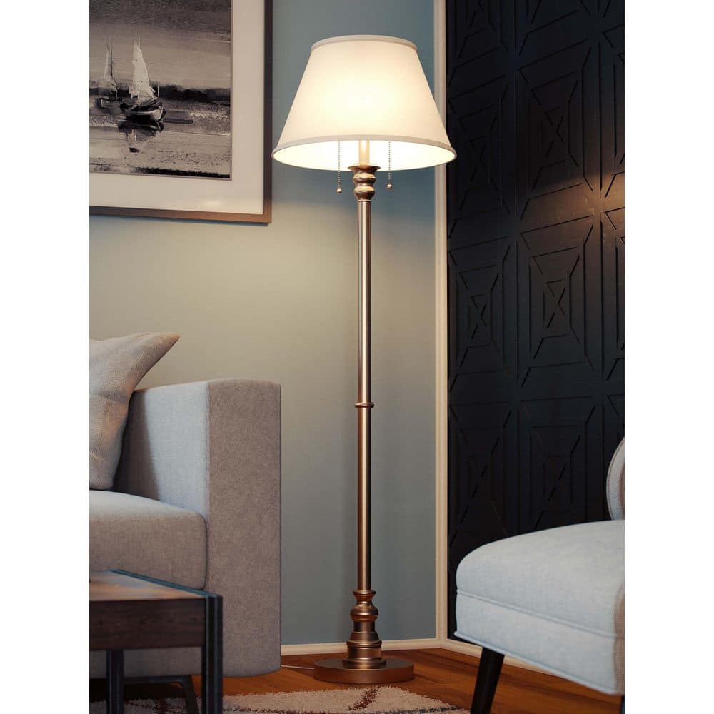  Spyglass 59.5 In. Antique Brass 2-Light Column Floor Lamp With Off-White Fabric Shade