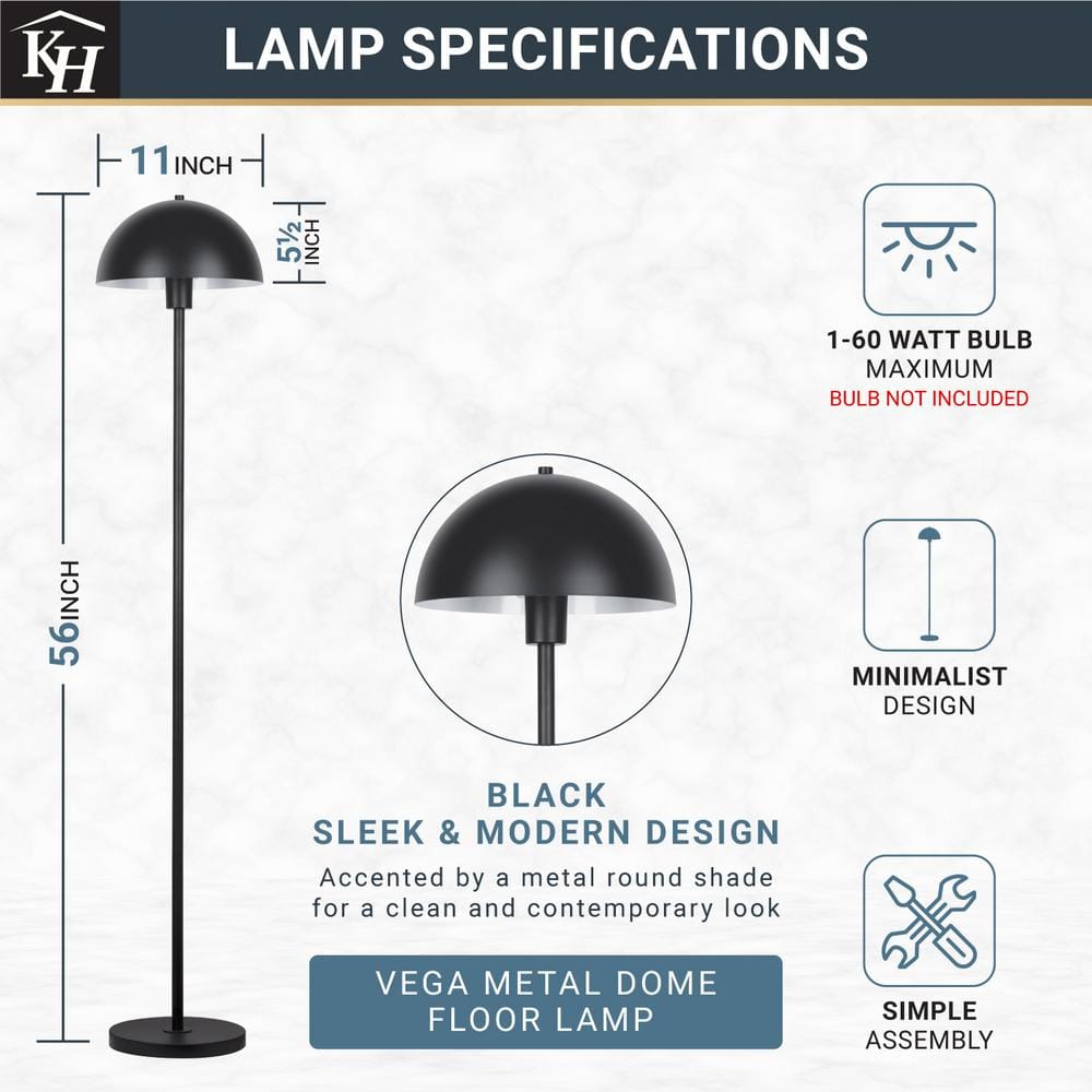  Vega 56 In. Black 1-Light Standard Floor Lamp With Metal Dome Shade