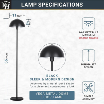  Vega 56 In. Black 1-Light Standard Floor Lamp With Metal Dome Shade