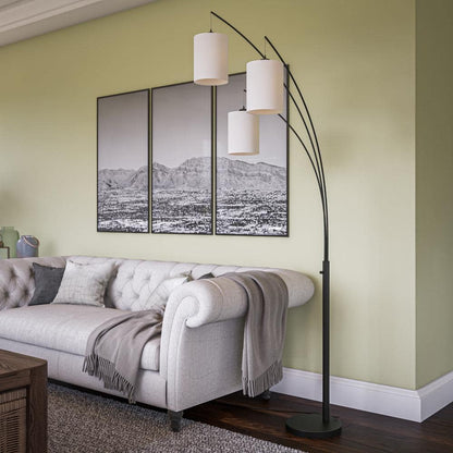  Leah 83.5 In. Black 3-Light Arc Floor Lamp With Linen Drum Shade