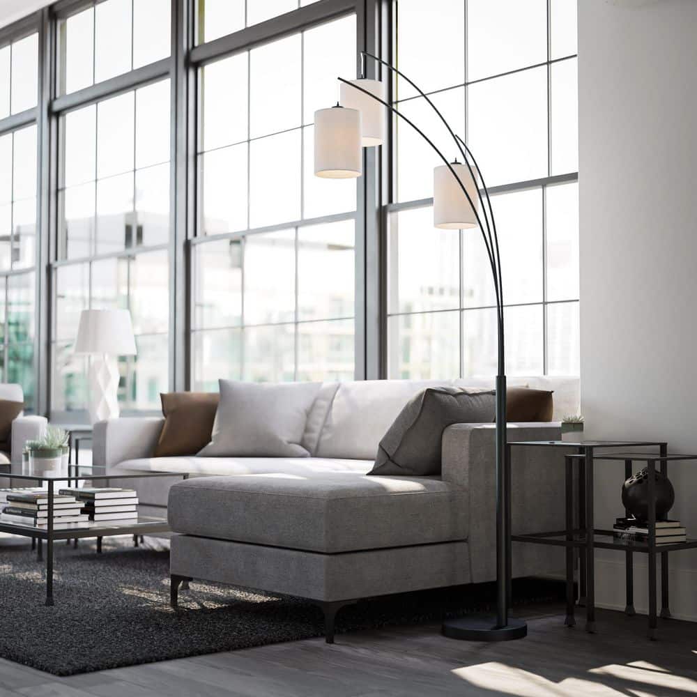  Leah 83.5 In. Black 3-Light Arc Floor Lamp With Linen Drum Shade