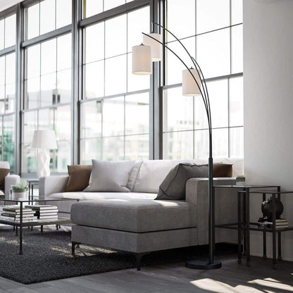  Leah 83.5 In. Black 3-Light Arc Floor Lamp With Linen Drum Shade