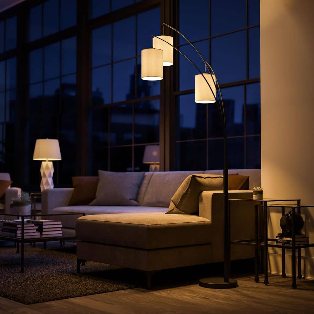  Leah 83.5 In. Black 3-Light Arc Floor Lamp With Linen Drum Shade