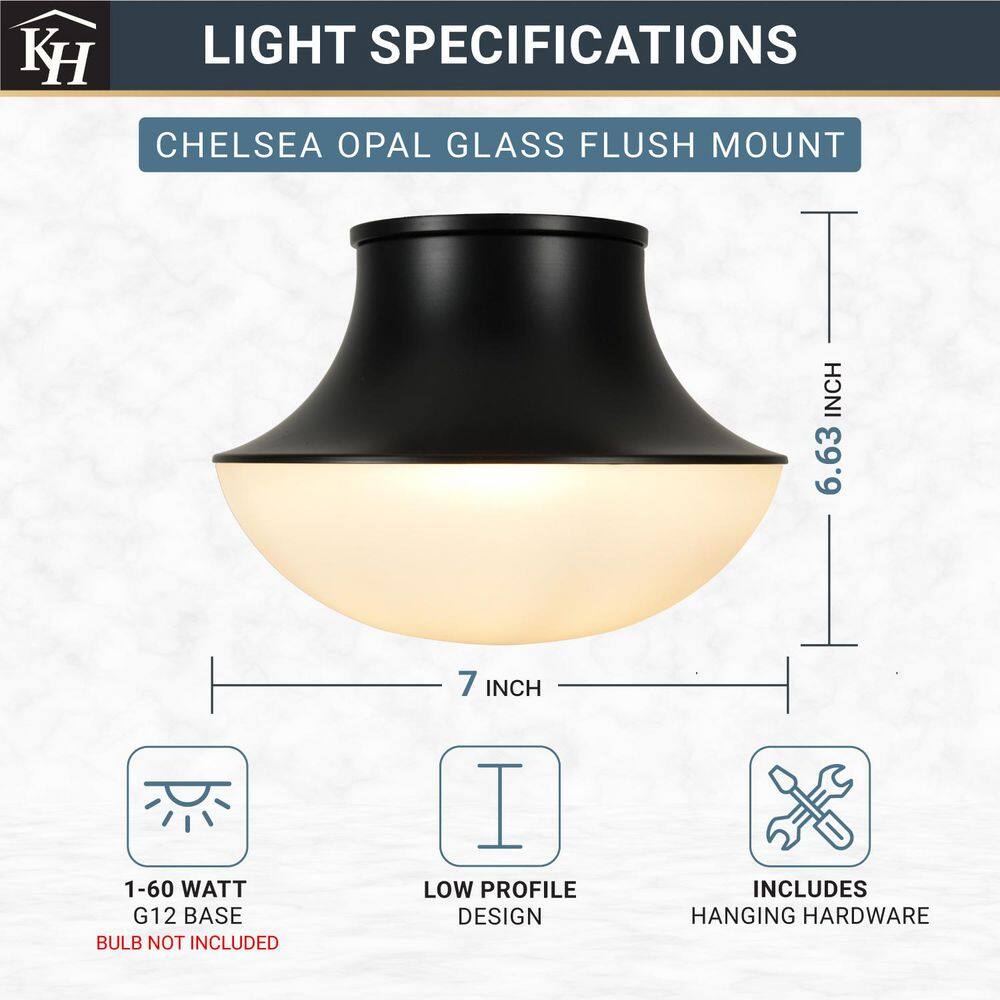  Chelsea 7 In. 1-Light Black Flush Mount With Frosted Glass Shade
