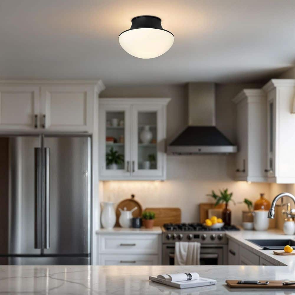  Chelsea 7 In. 1-Light Black Flush Mount With Frosted Glass Shade