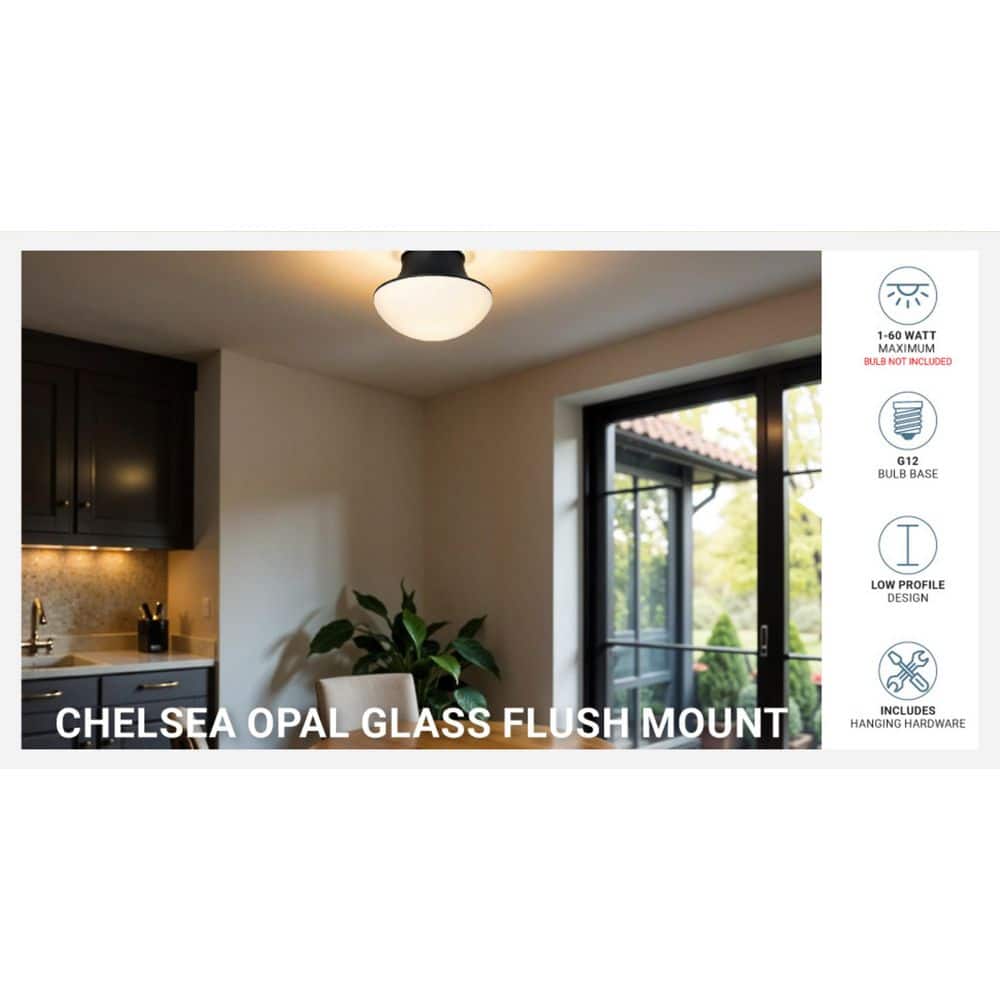  Chelsea 7 In. 1-Light Black Flush Mount With Frosted Glass Shade