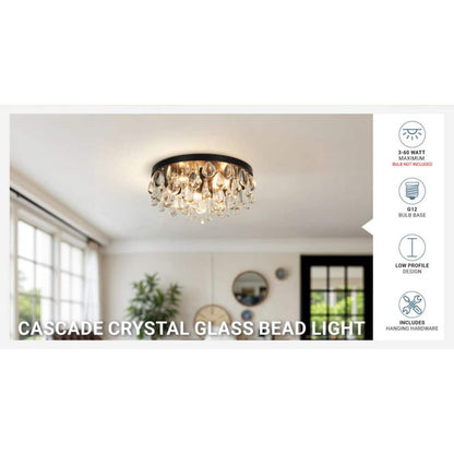  Cascade 13 In. 3-Light Black Flush Mount With Crystal Shade