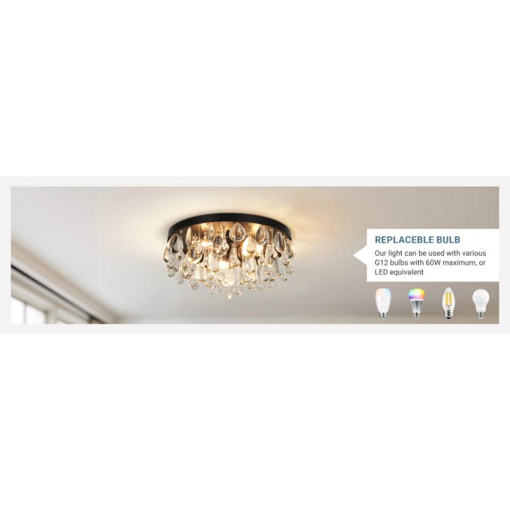  Cascade 13 In. 3-Light Black Flush Mount With Crystal Shade