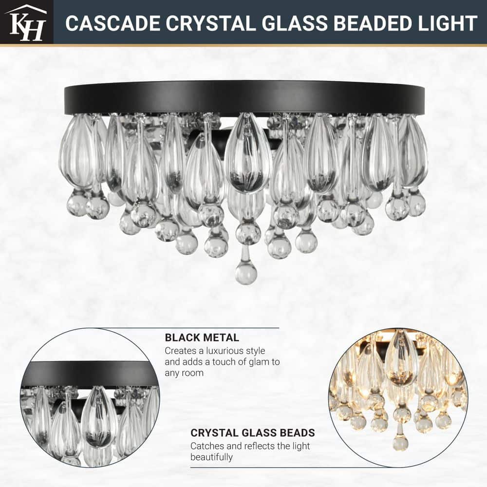  Cascade 13 In. 3-Light Black Flush Mount With Crystal Shade