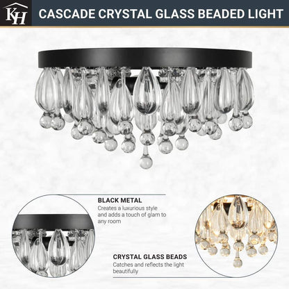  Cascade 13 In. 3-Light Black Flush Mount With Crystal Shade