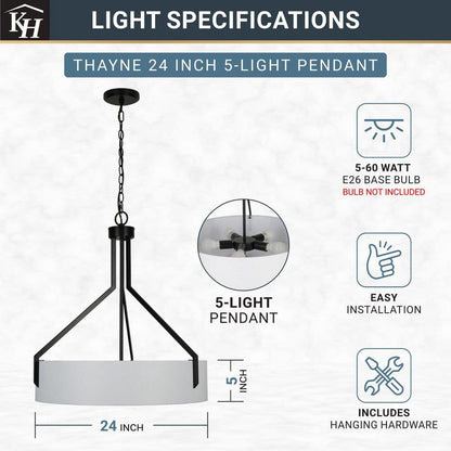  Thayne 300-Watt 5-Light Black Drum Pendant Light With Fabric Shade