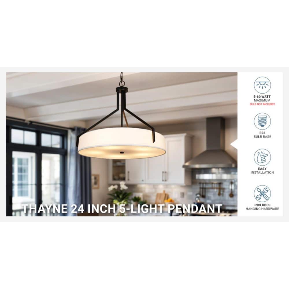  Thayne 300-Watt 5-Light Black Drum Pendant Light With Fabric Shade