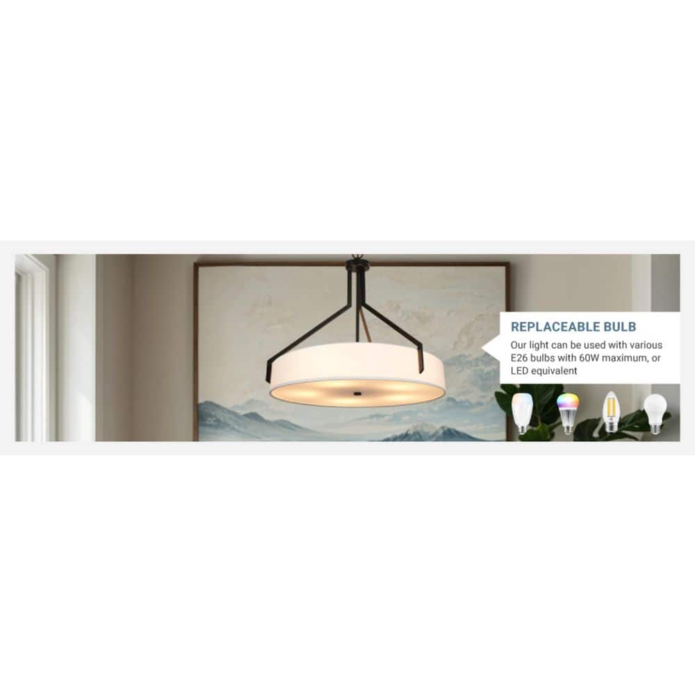  Thayne 300-Watt 5-Light Black Drum Pendant Light With Fabric Shade