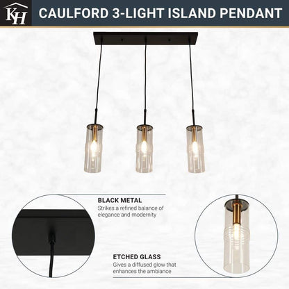  Caulford 120-Watt 3-Light Black Shaded Pendant Light With Clear Glass Shade