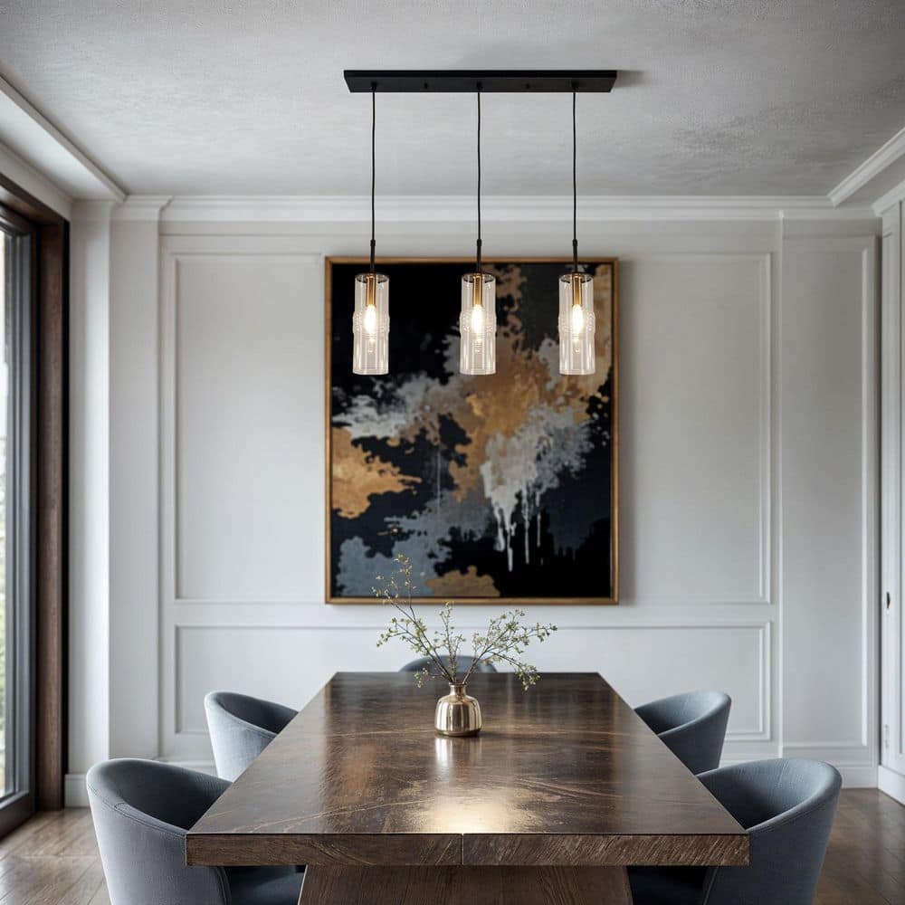  Caulford 120-Watt 3-Light Black Shaded Pendant Light With Clear Glass Shade
