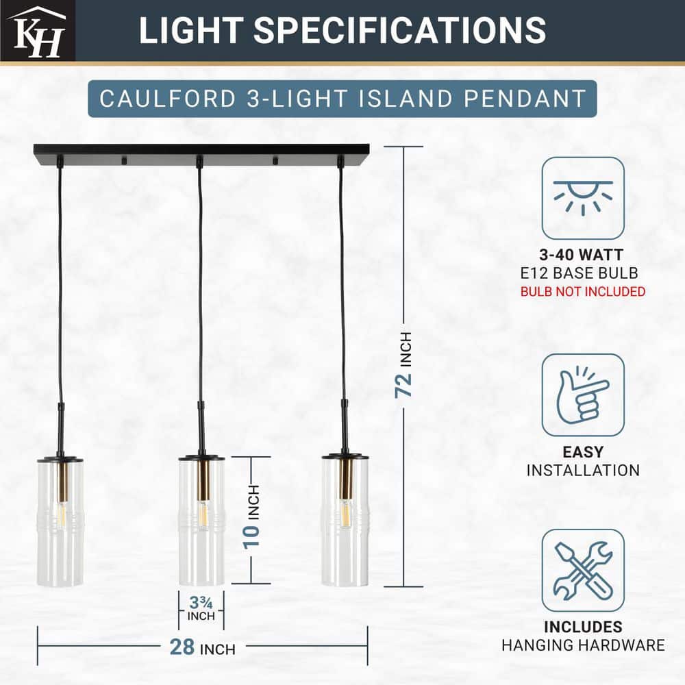  Caulford 120-Watt 3-Light Black Shaded Pendant Light With Clear Glass Shade