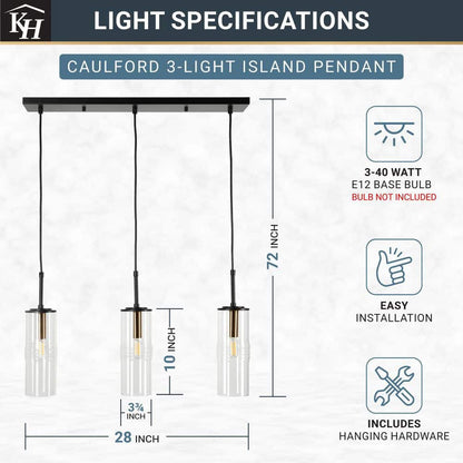  Caulford 120-Watt 3-Light Black Shaded Pendant Light With Clear Glass Shade