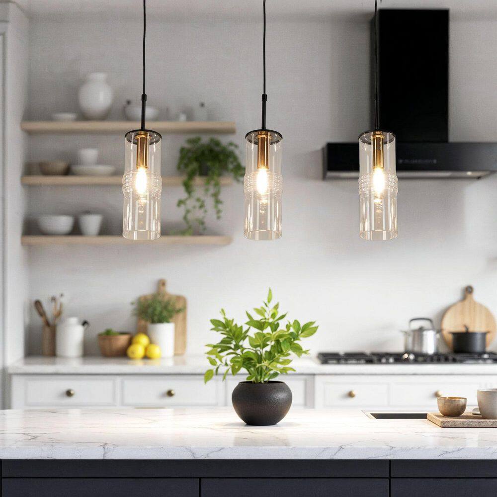  Caulford 120-Watt 3-Light Black Shaded Pendant Light With Clear Glass Shade
