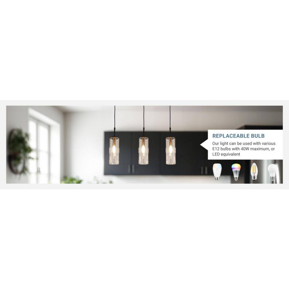  Caulford 120-Watt 3-Light Black Shaded Pendant Light With Clear Glass Shade