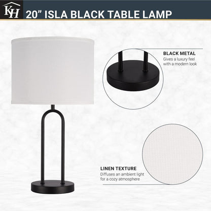  Isla 20 In. Black Bedside Table Lamp With White Linen Shade