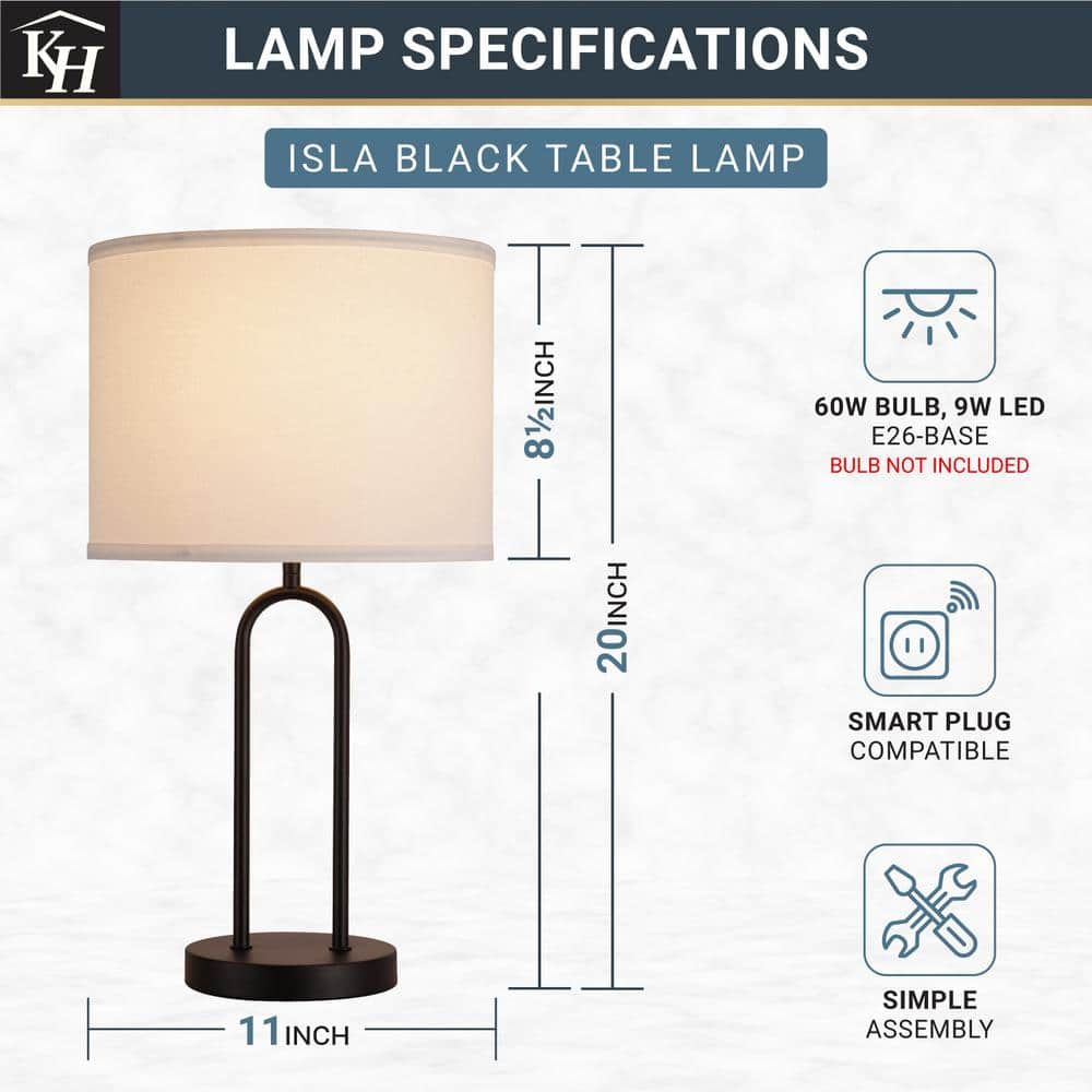  Isla 20 In. Black Bedside Table Lamp With White Linen Shade