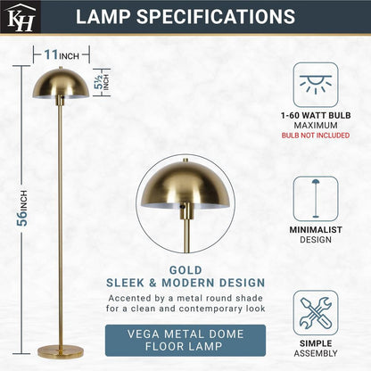  Vega 56 In. Brushed Gold 1-Light Standard Floor Lamp With Metal Dome Shade