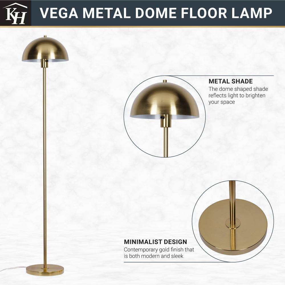  Vega 56 In. Brushed Gold 1-Light Standard Floor Lamp With Metal Dome Shade
