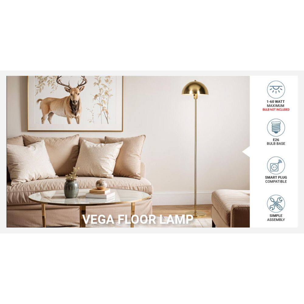  Vega 56 In. Brushed Gold 1-Light Standard Floor Lamp With Metal Dome Shade