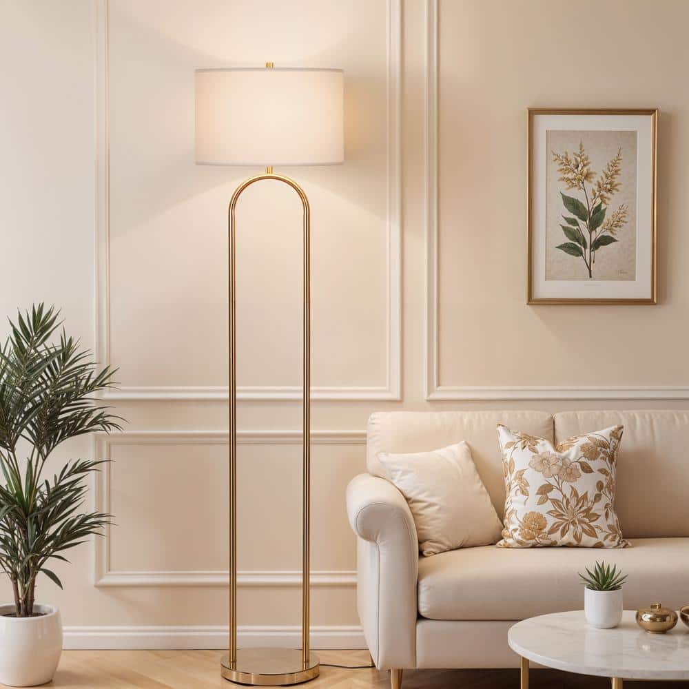  Isla 64 In. Brushed Gold 1-Light Standard Floor Lamp With Linen Drum Shade