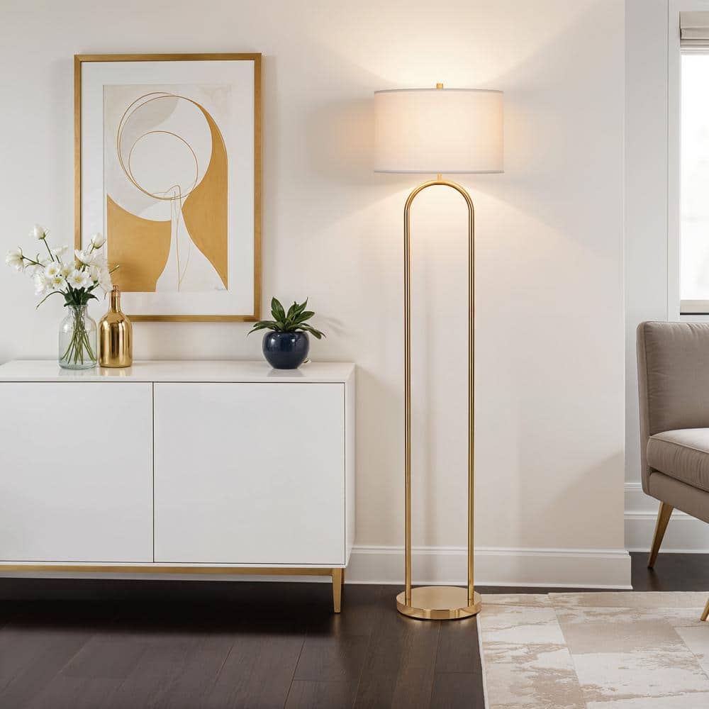  Isla 64 In. Brushed Gold 1-Light Standard Floor Lamp With Linen Drum Shade